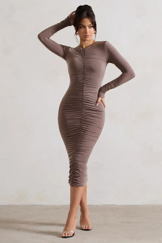 Stock Clearance Monique | Mocha Ruched Bodycon Midi Dress
