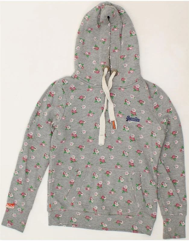 SUPERDRY Womens Graphic Hoodie Jumper UK 10 Small Grey Floral