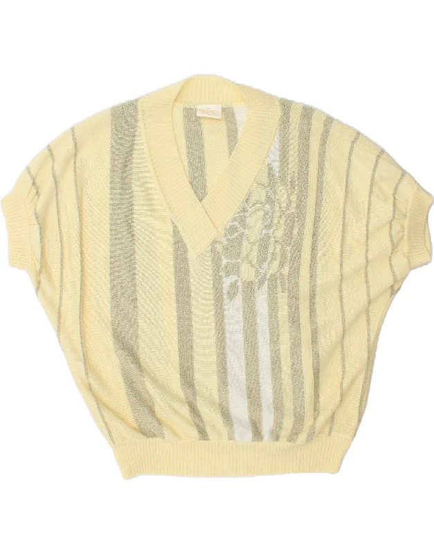 VINTAGE Womens Short Sleeve V-Neck Jumper Sweater IT 54 3XL Yellow Striped