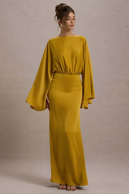 Loyalty Reward Zuzanna | Mustard Draped Maxi Dress With Cape Sleeves