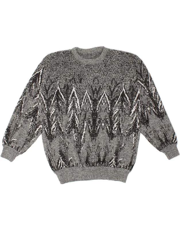 VINTAGE Womens Crew Neck Jumper Sweater UK 14 Large Grey Chevron