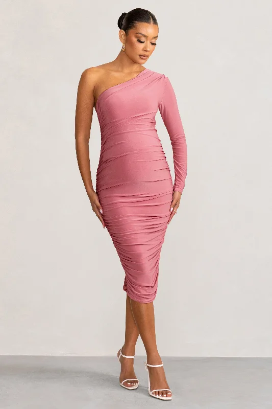 Super Deal Betsy | Blush Asymmetric One Sleeve Maternity Midi Dress