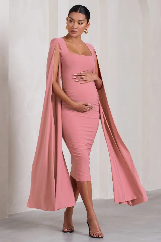 Savings Alert Flawless | Blush Pink Maternity Square Neck Midi Dress With Cape Sleeves