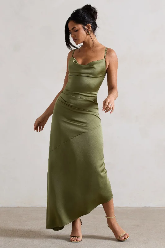 Year-End Sale Santi | Olive Green Satin Cowl-Neck Asymmetric Maxi Dress