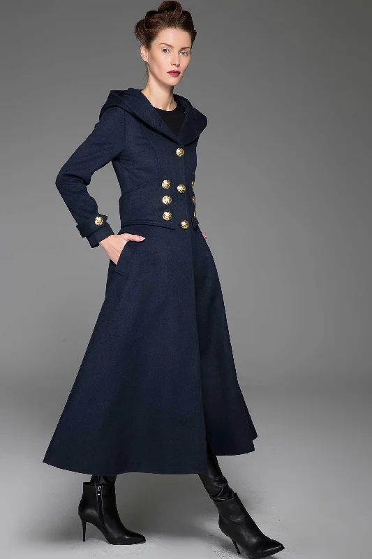 handmade hooded long wool coat in navy blue 1420#